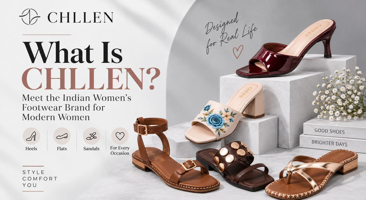 CHLLEN Indian women's footwear brand blog thumbnail featuring heels, flats, and sandals displayed on white blocks against a grey and whitish background, with the CHLLEN logo and "What Is CHLLEN?" headline.