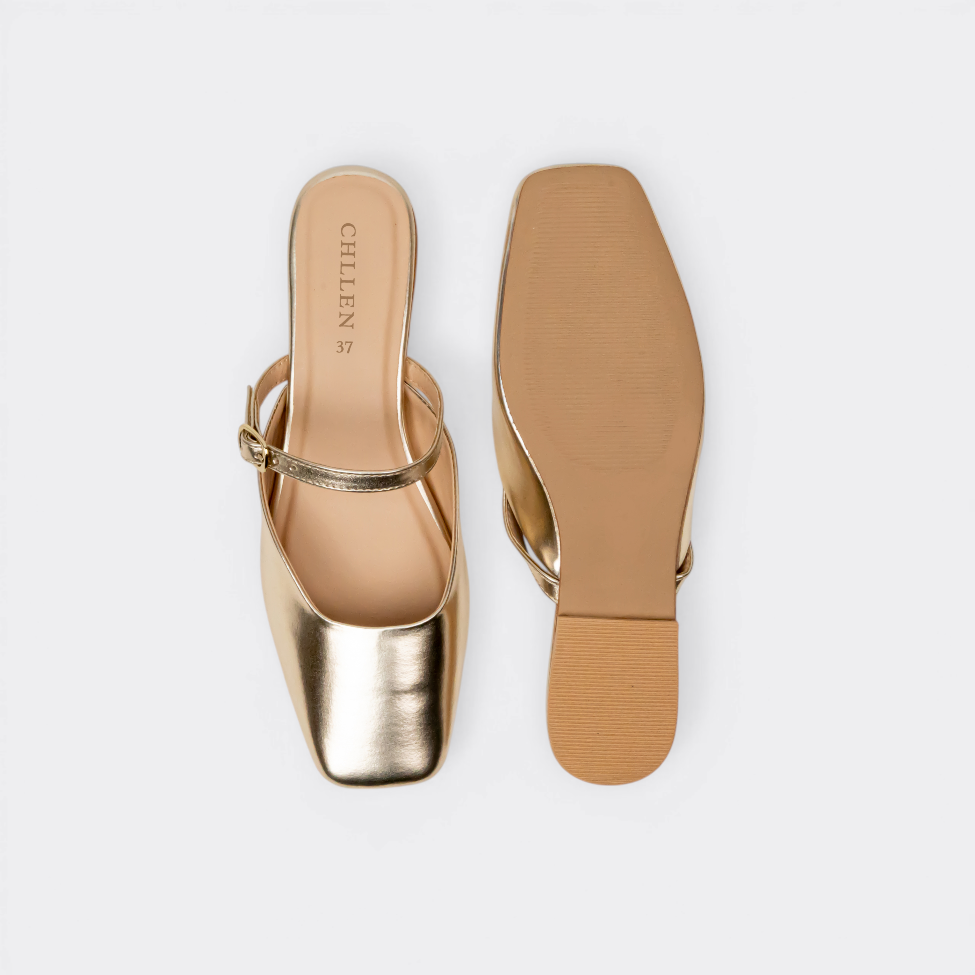 CHLLEN Metallic Gold Mary Jane Mule Flats