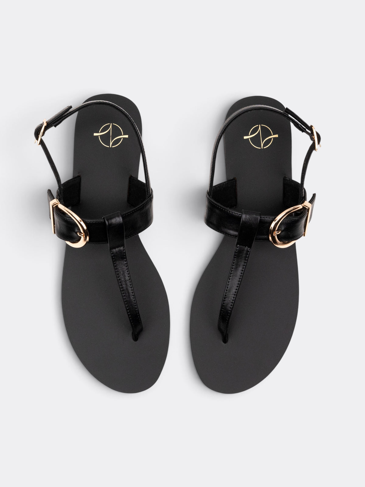 CHLLEN Women Black Buckle Detail T-Strap Flat Sandals