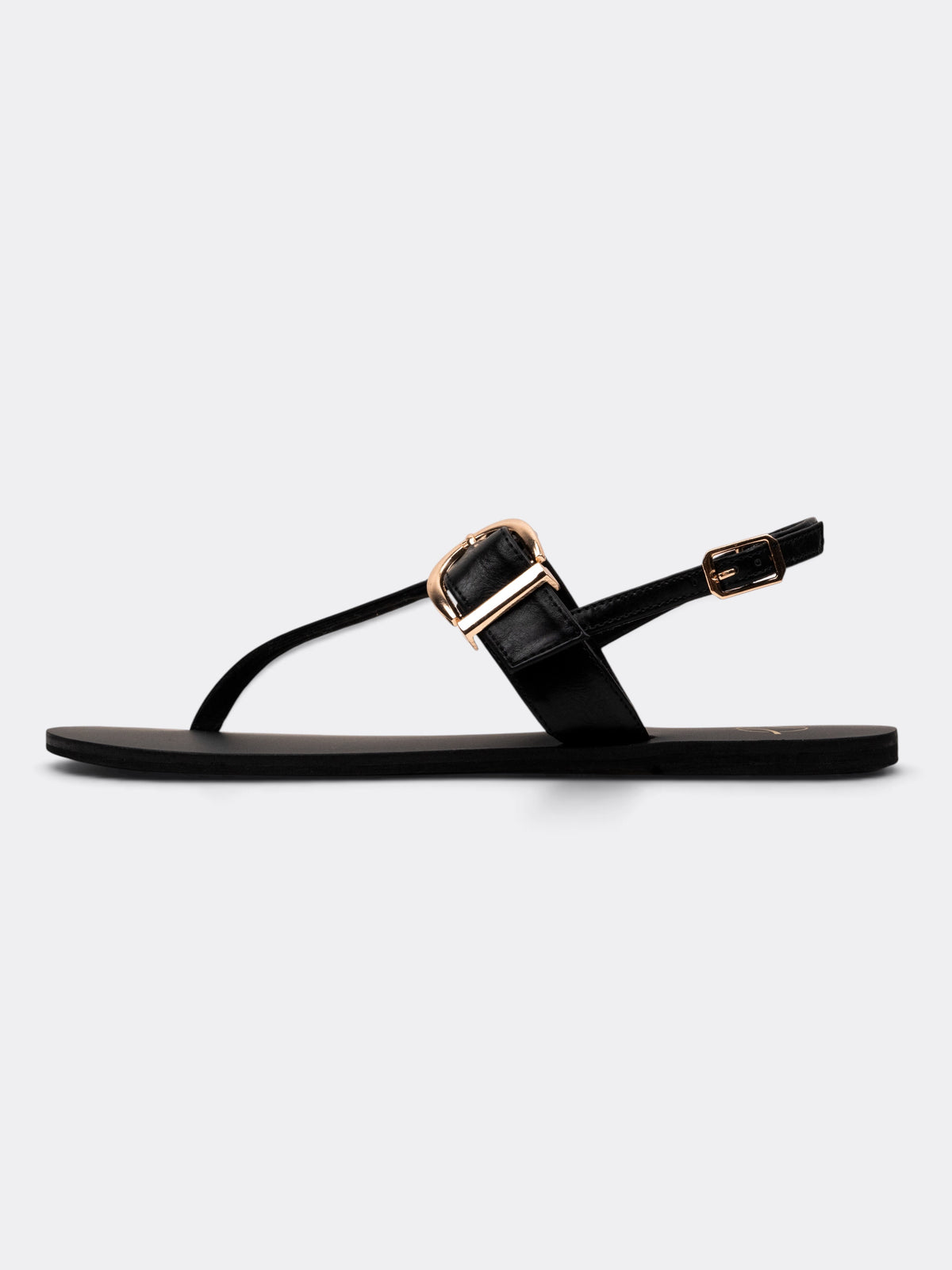 CHLLEN Women Black Buckle Detail T-Strap Flat Sandals