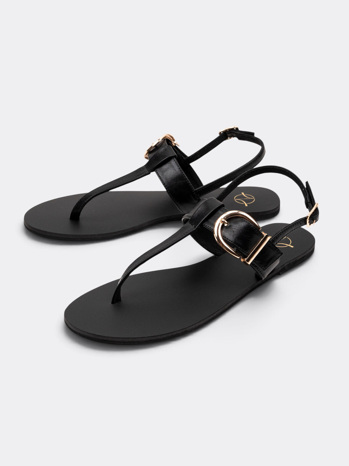CHLLEN Women Black Buckle Detail T-Strap Flat Sandals