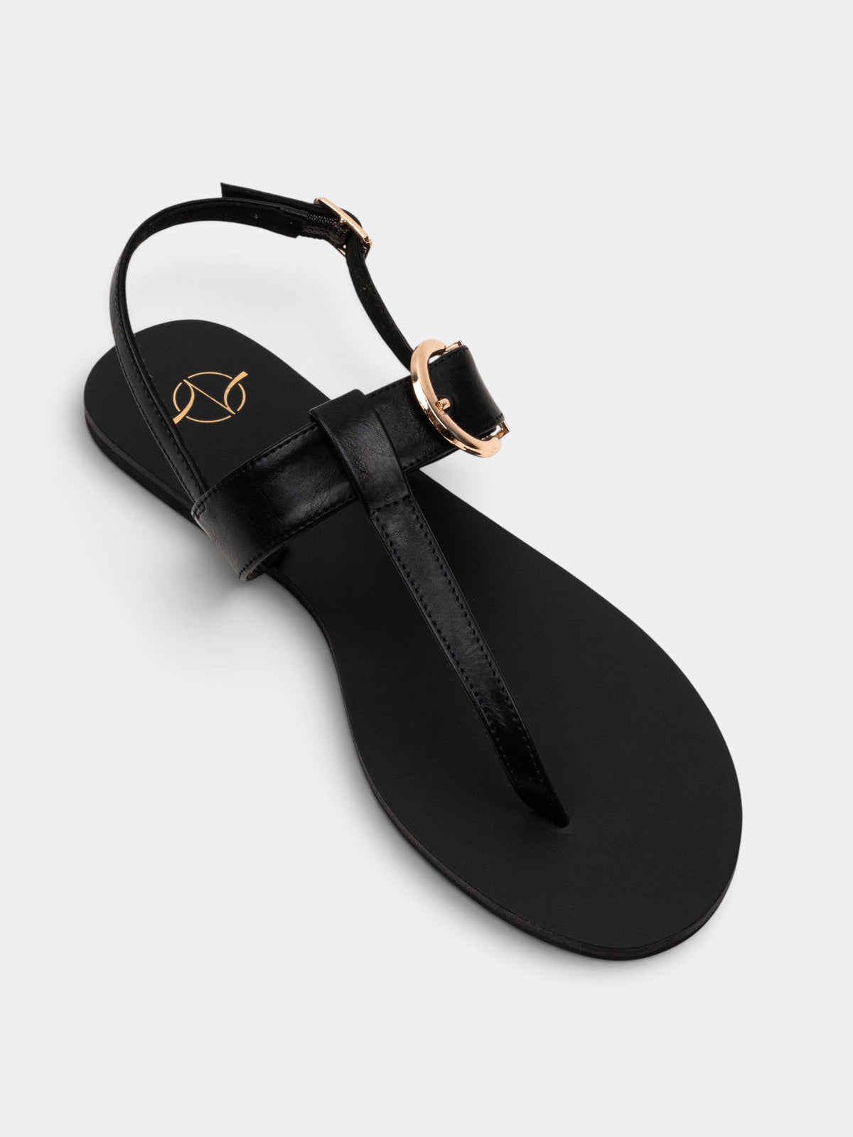CHLLEN Women Black Buckle Detail T-Strap Flat Sandals