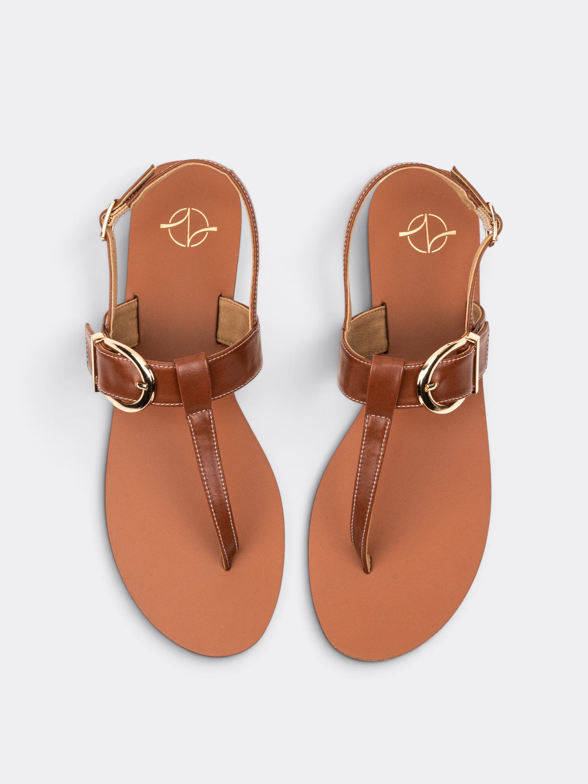 CHLLEN Women Tan Solid T-Strap Flat Sandals with Gold-Tone Buckle