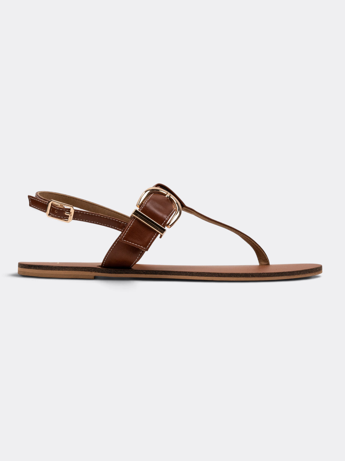 CHLLEN Women Tan Solid T-Strap Flat Sandals with Gold-Tone Buckle