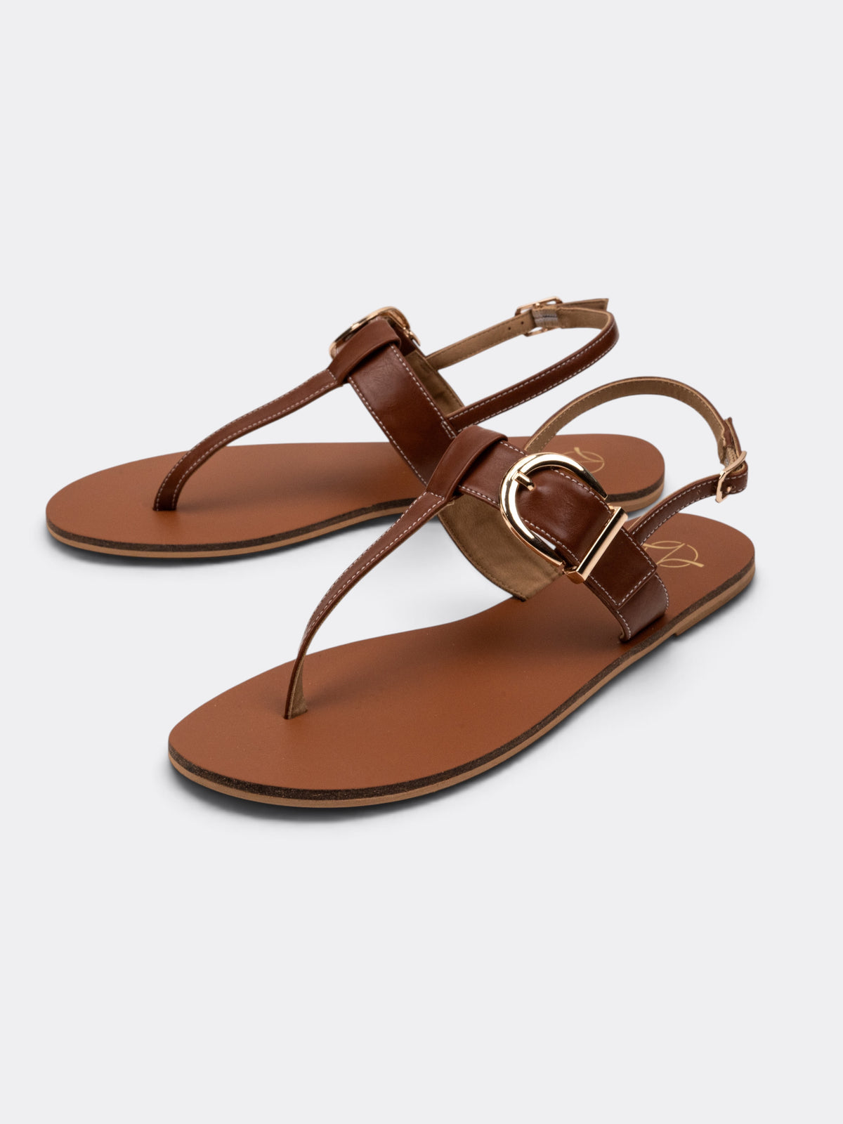 CHLLEN Women Tan Solid T-Strap Flat Sandals with Gold-Tone Buckle