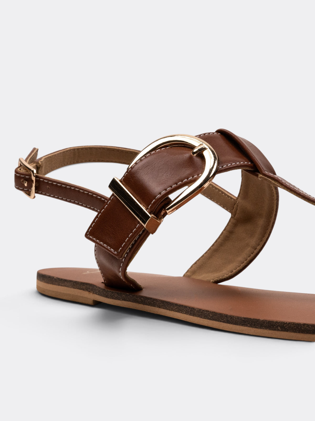 CHLLEN Women Tan Solid T-Strap Flat Sandals with Gold-Tone Buckle