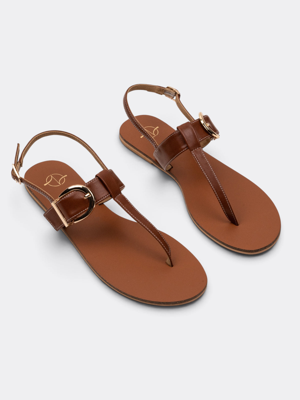 CHLLEN Women Tan Solid T-Strap Flat Sandals with Gold-Tone Buckle
