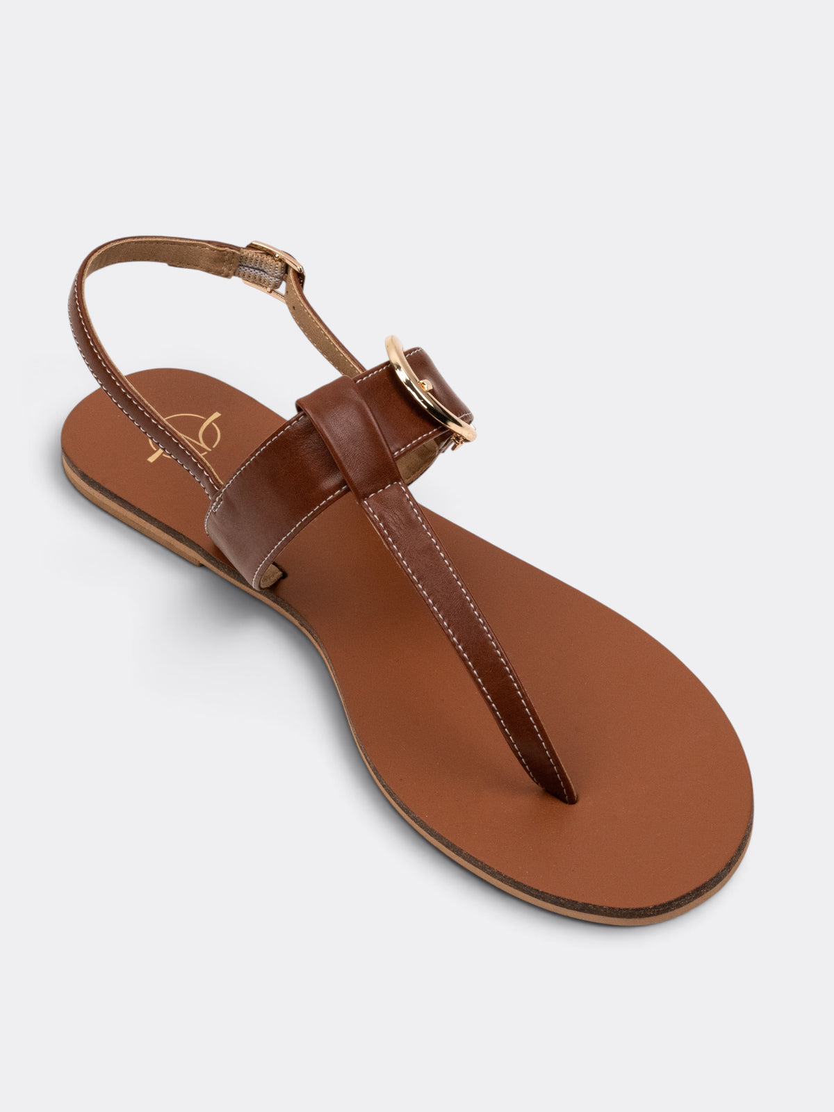 CHLLEN Women Tan Solid T-Strap Flat Sandals with Gold-Tone Buckle