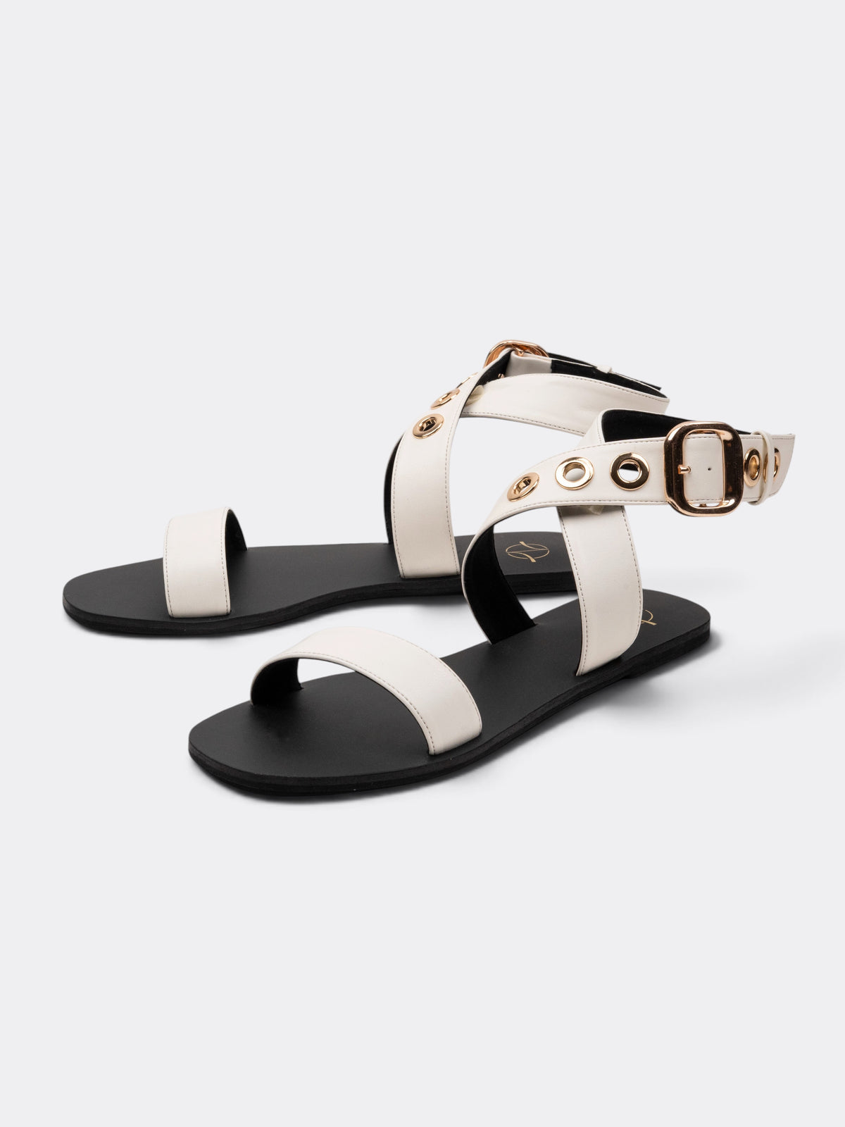 CHLLEN Women Off-White Cross-Strap Sandals with Gold-Tone Eyelet Detail