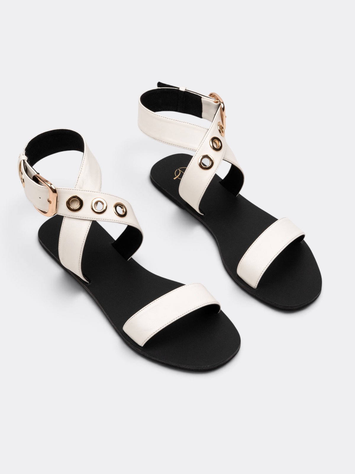 CHLLEN Women Off-White Cross-Strap Sandals with Gold-Tone Eyelet Detail