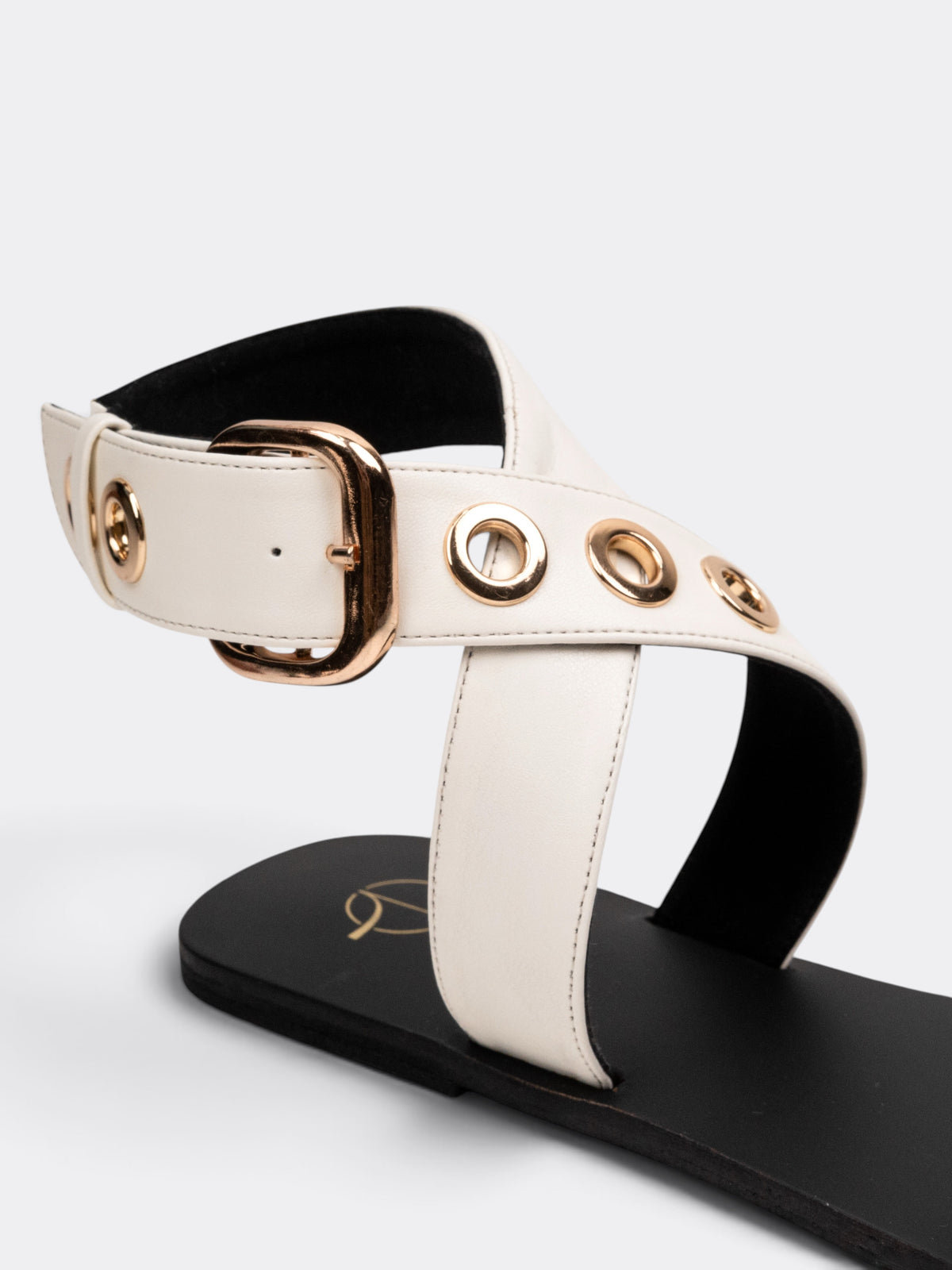 CHLLEN Women Off-White Cross-Strap Sandals with Gold-Tone Eyelet Detail