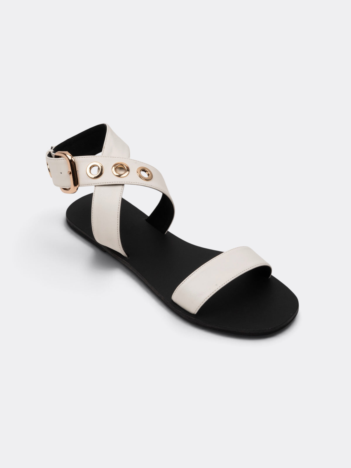 CHLLEN Women Off-White Cross-Strap Sandals with Gold-Tone Eyelet Detail