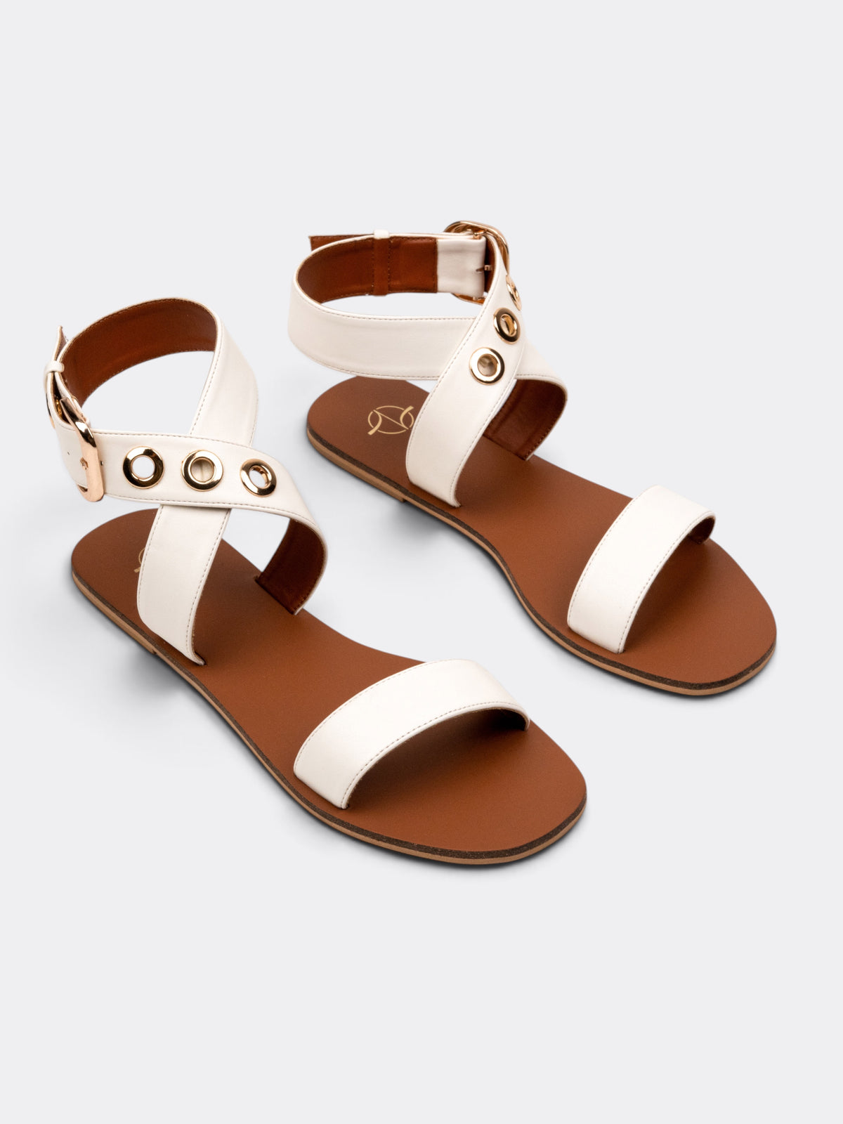 CHLLEN Women Tan Cross-Strap Sandals with Gold-Tone Eyelet Detail