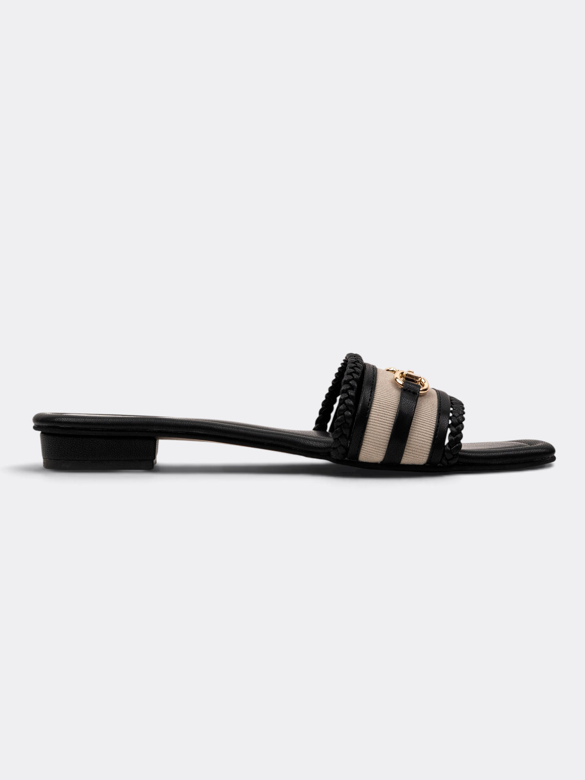CHLLEN Black Embellished Chain Detail Flat Slides