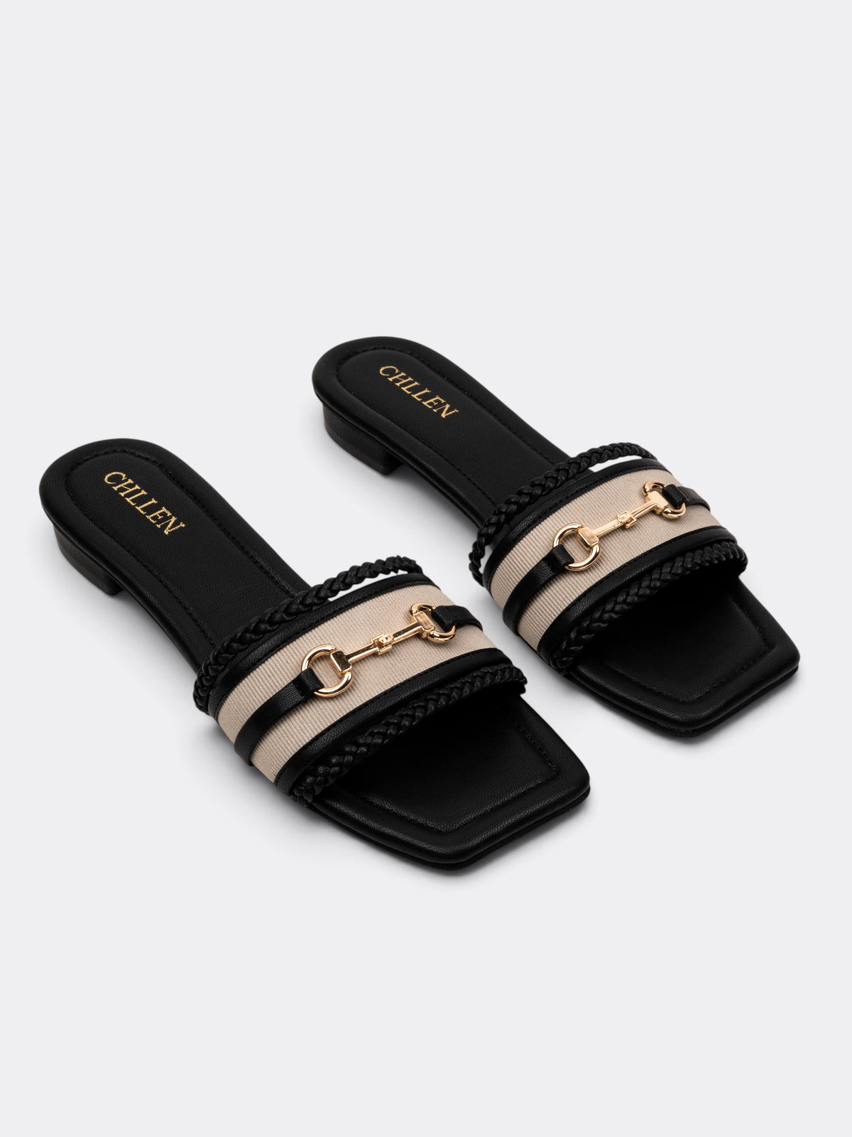 CHLLEN Black Embellished Chain Detail Flat Slides