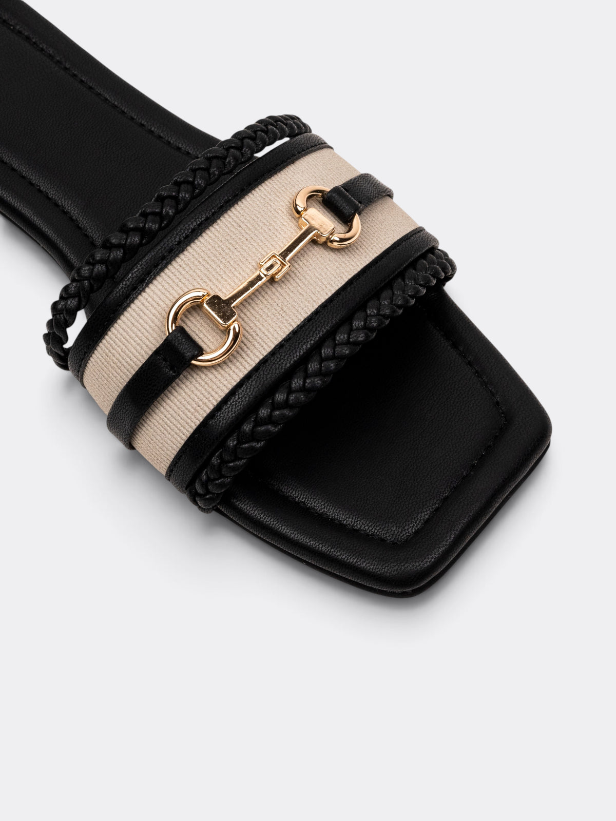 CHLLEN Black Embellished Chain Detail Flat Slides