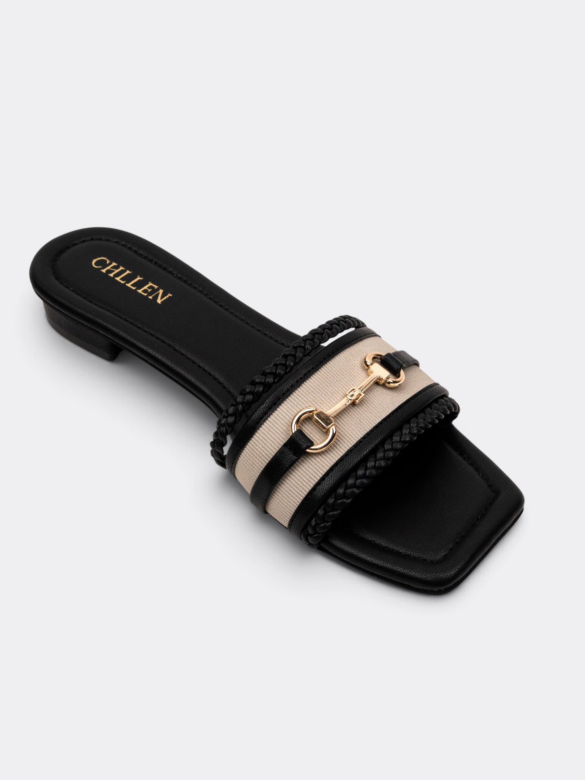CHLLEN Black Embellished Chain Detail Flat Slides