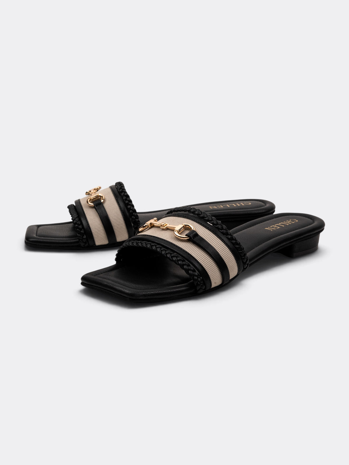 CHLLEN Black Embellished Chain Detail Flat Slides