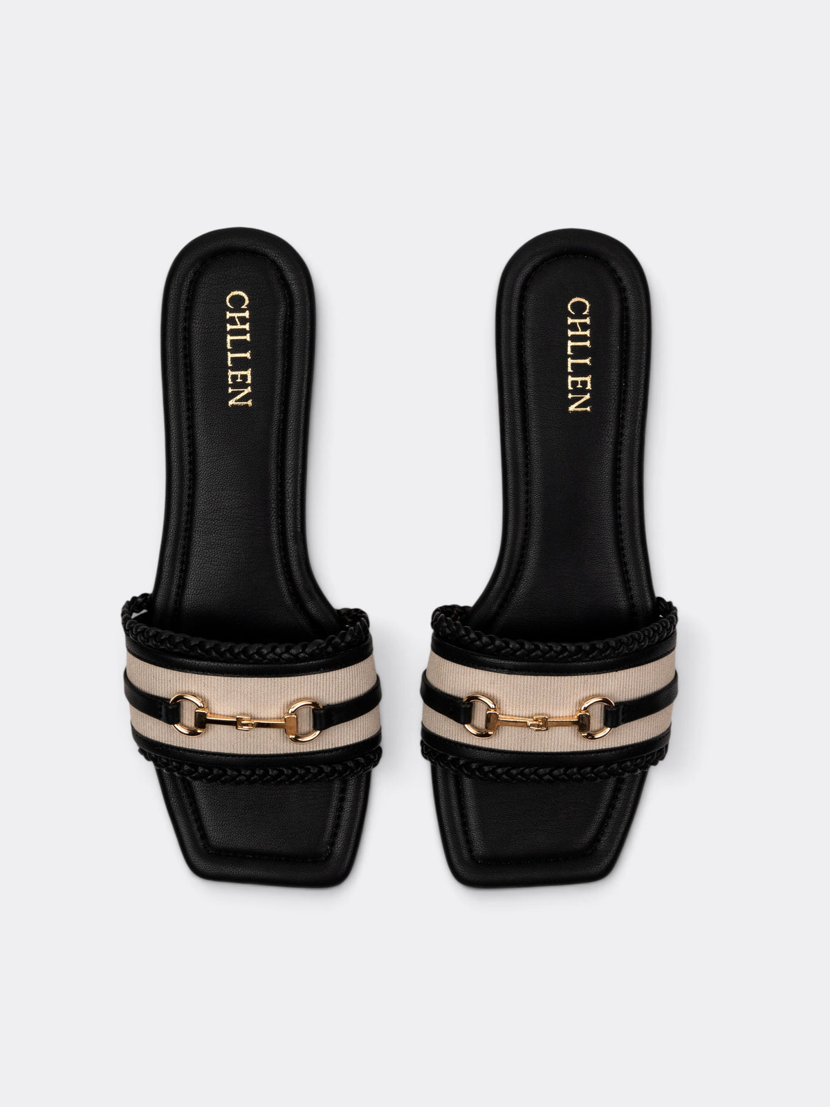 CHLLEN Black Embellished Chain Detail Flat Slides
