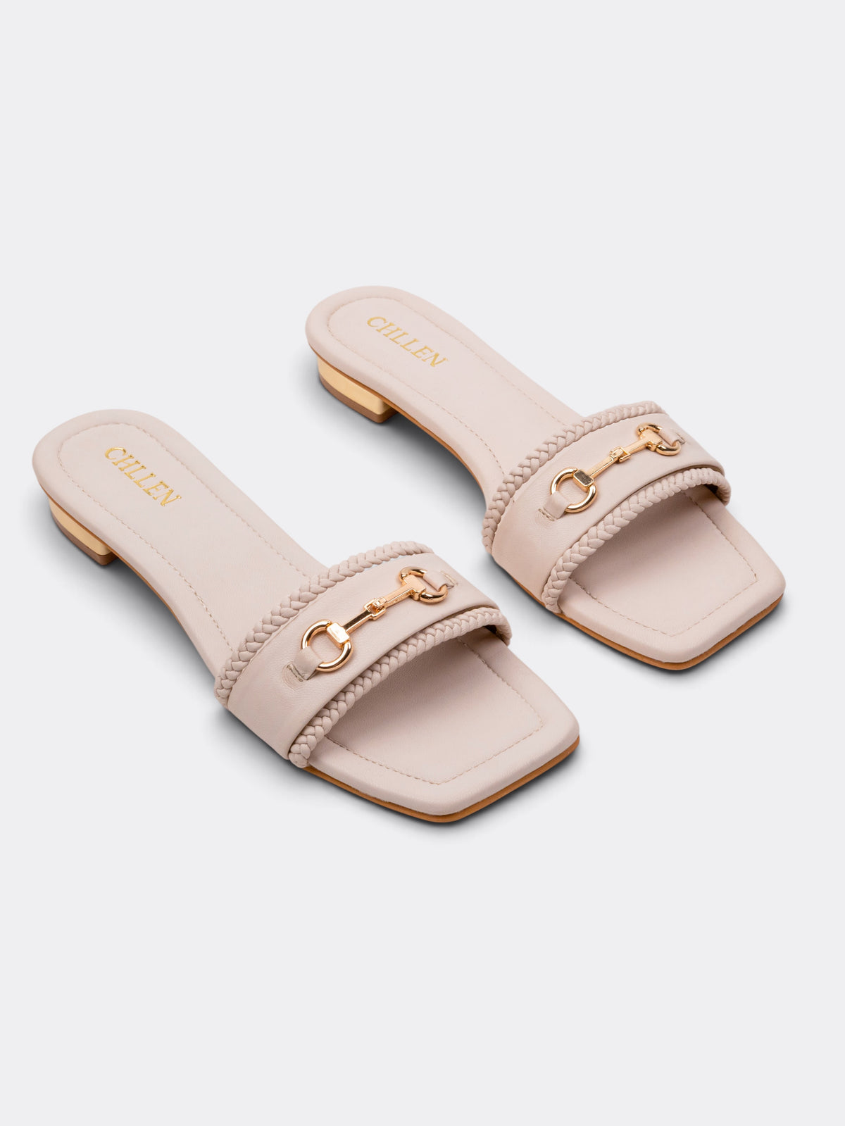 CHLLEN Ivory Embellished Chain Detail Flat Slides