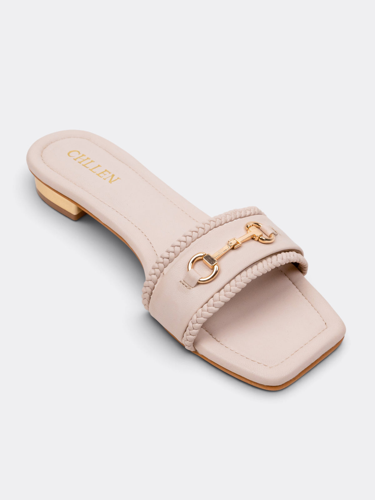 CHLLEN Ivory Embellished Chain Detail Flat Slides