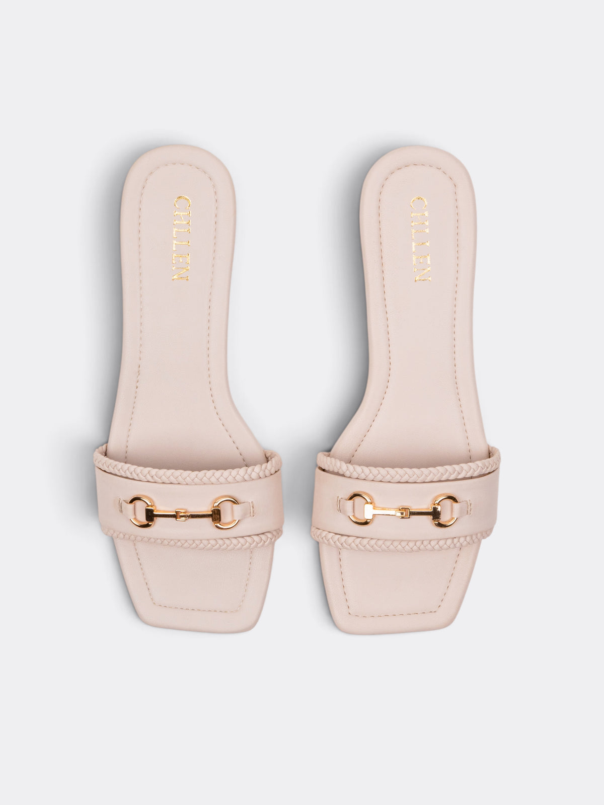 CHLLEN Ivory Embellished Chain Detail Flat Slides