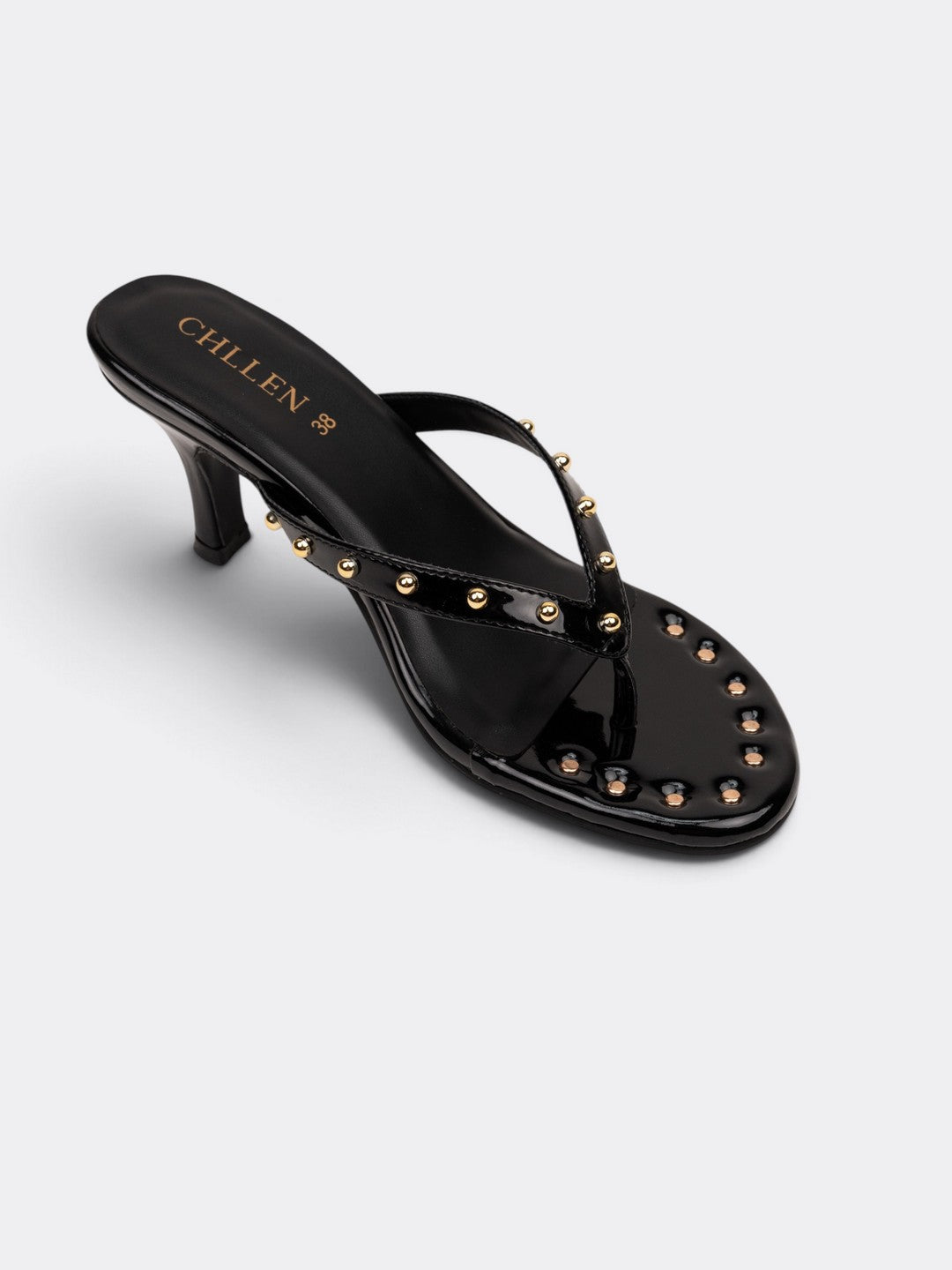 CHLLEN Black Studded Patent Heels for Women