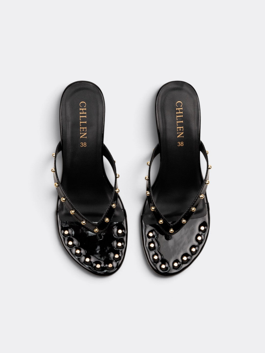 CHLLEN Black Studded Patent Heels for Women