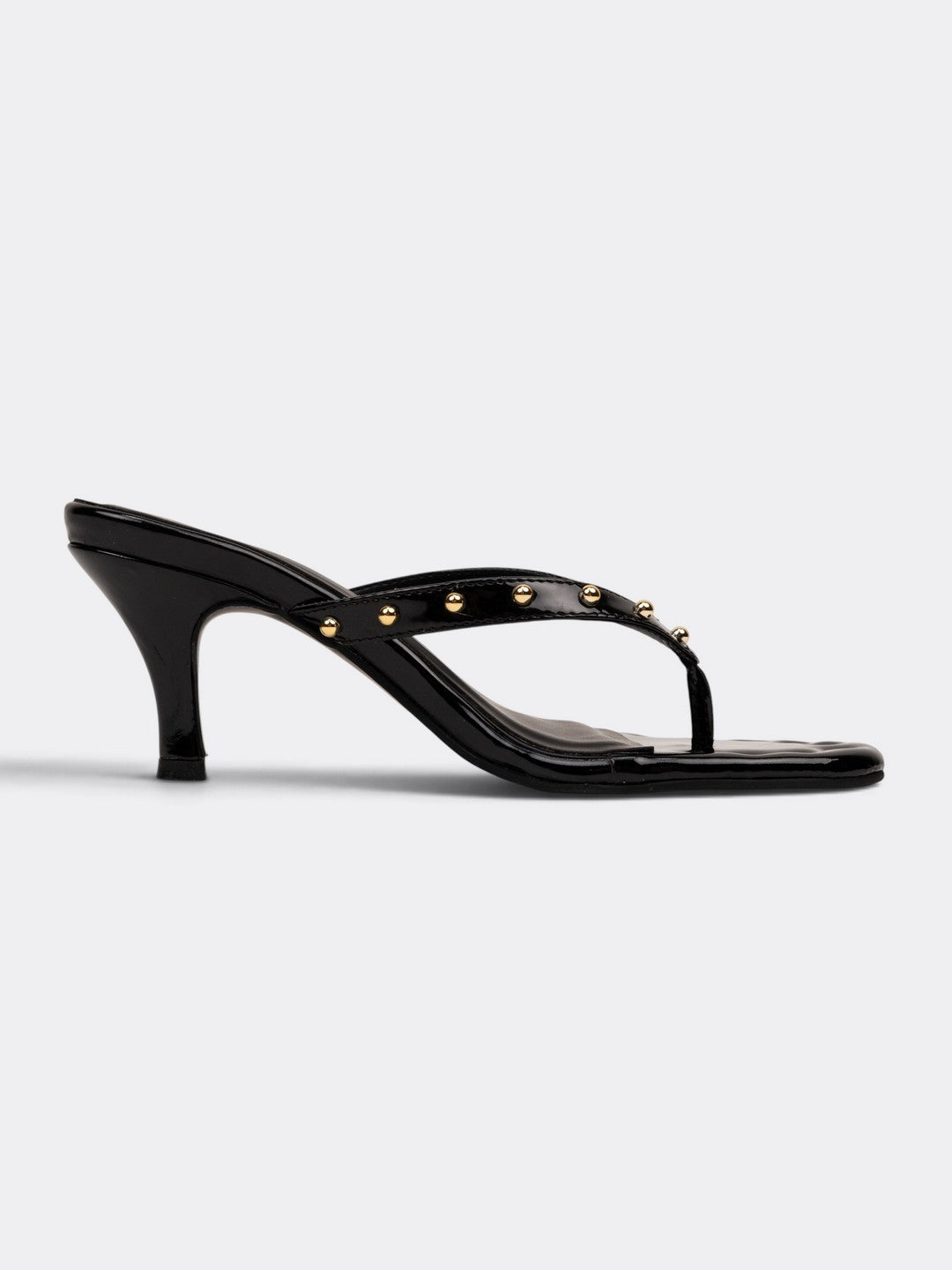 CHLLEN Black Studded Patent Heels for Women