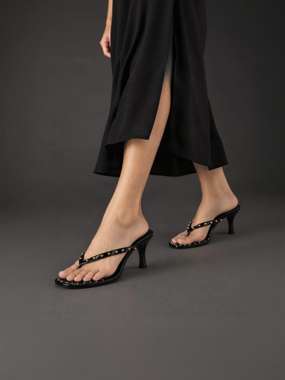 CHLLEN Black Studded Patent Heels for Women