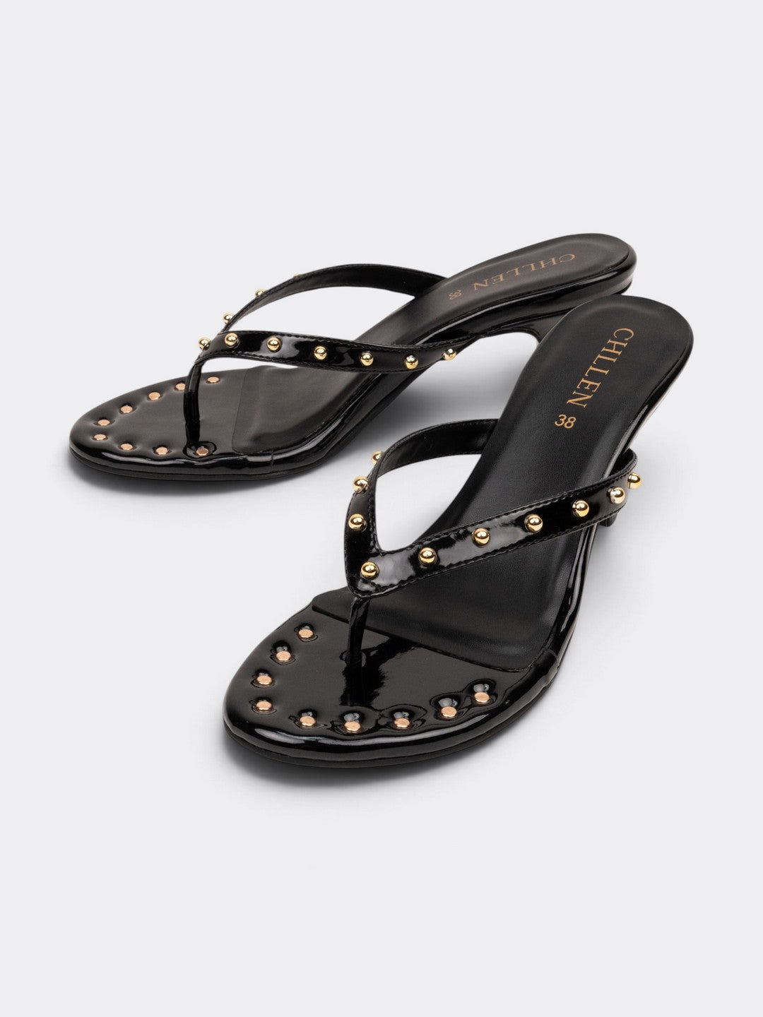 CHLLEN Black Studded Patent Heels for Women