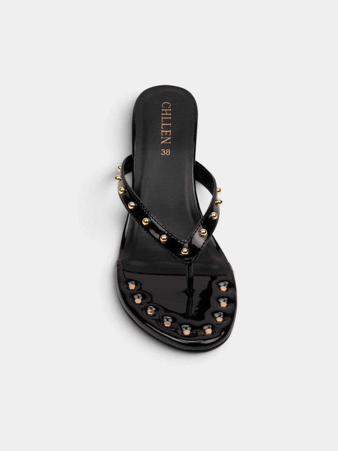 CHLLEN Black Studded Patent Heels for Women