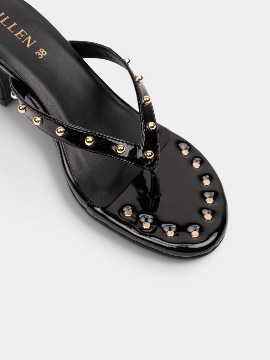 CHLLEN Black Studded Patent Heels for Women