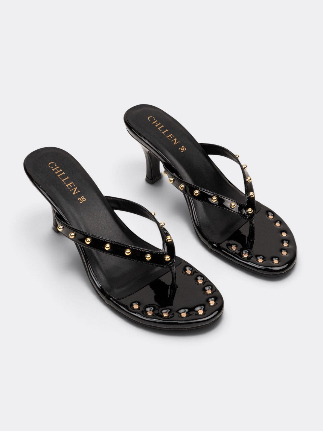 CHLLEN Black Studded Patent Heels for Women