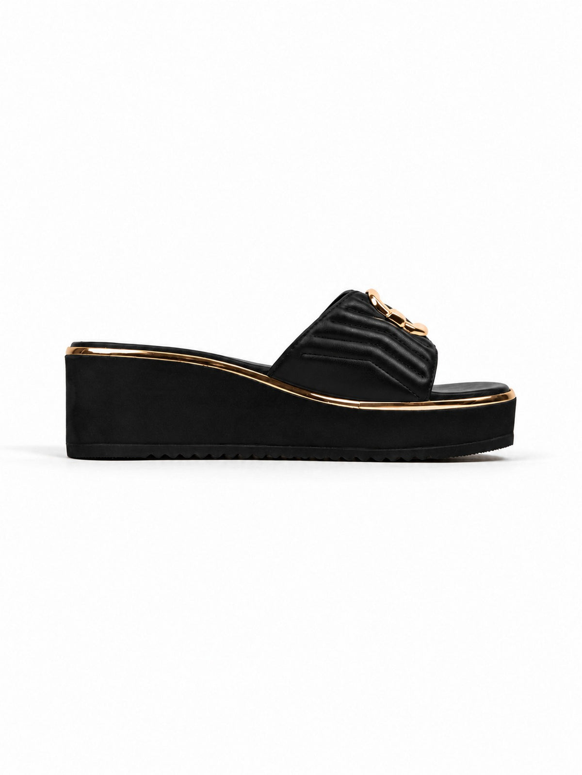 CHLLEN Black Quilted Strap Wedge Heels with Gold Buckle
