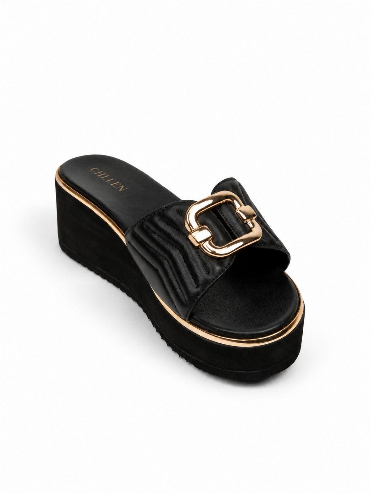 CHLLEN Black Quilted Strap Wedge Heels with Gold Buckle