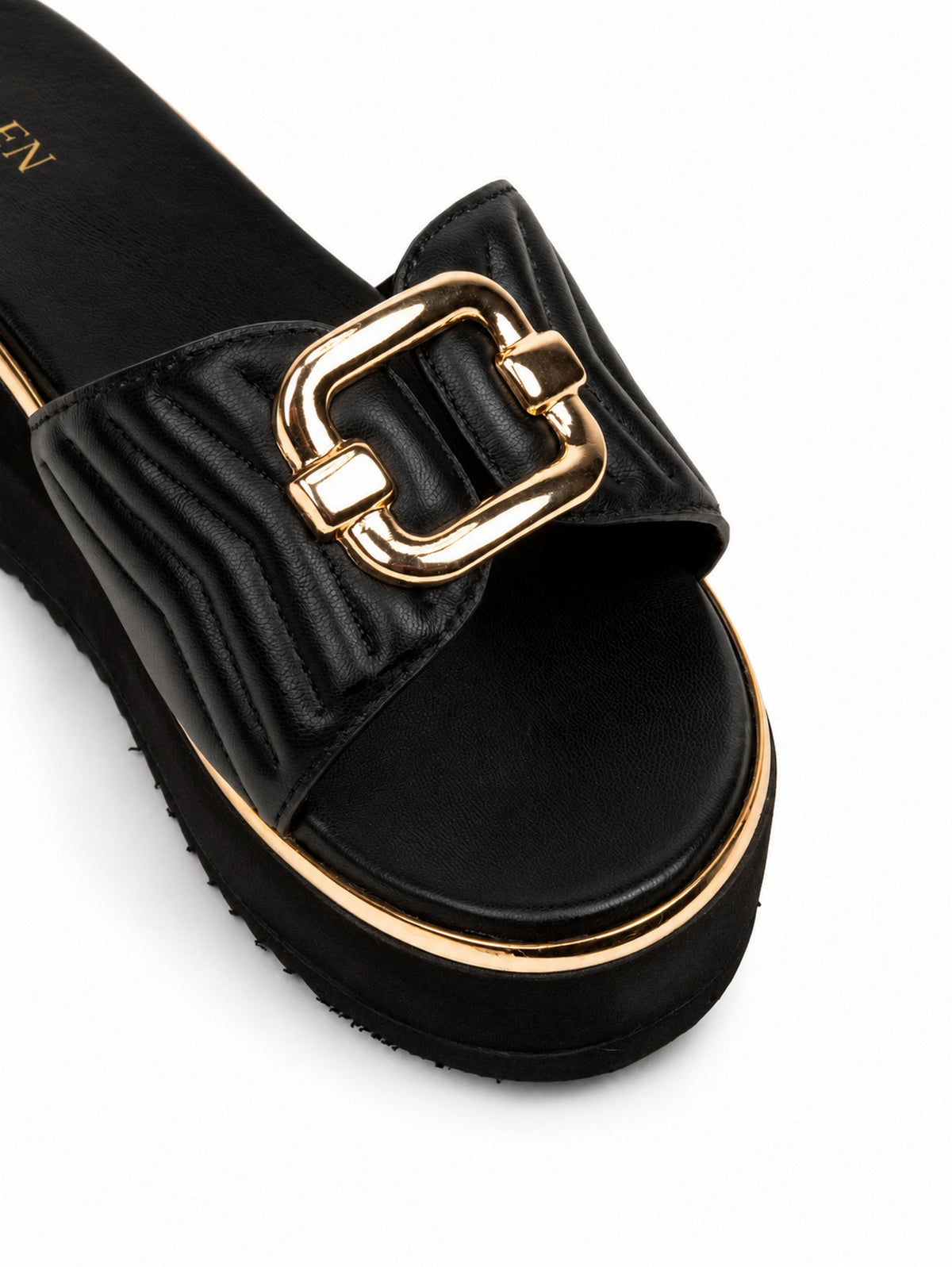 CHLLEN Black Quilted Strap Wedge Heels with Gold Buckle