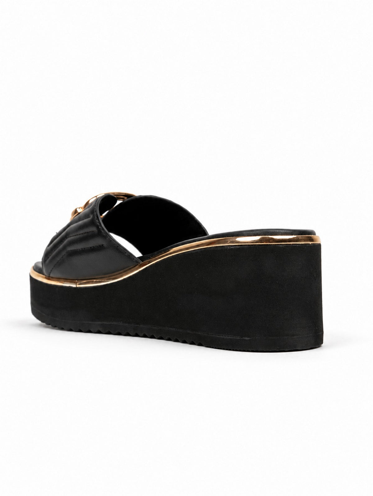 CHLLEN Black Quilted Strap Wedge Heels with Gold Buckle