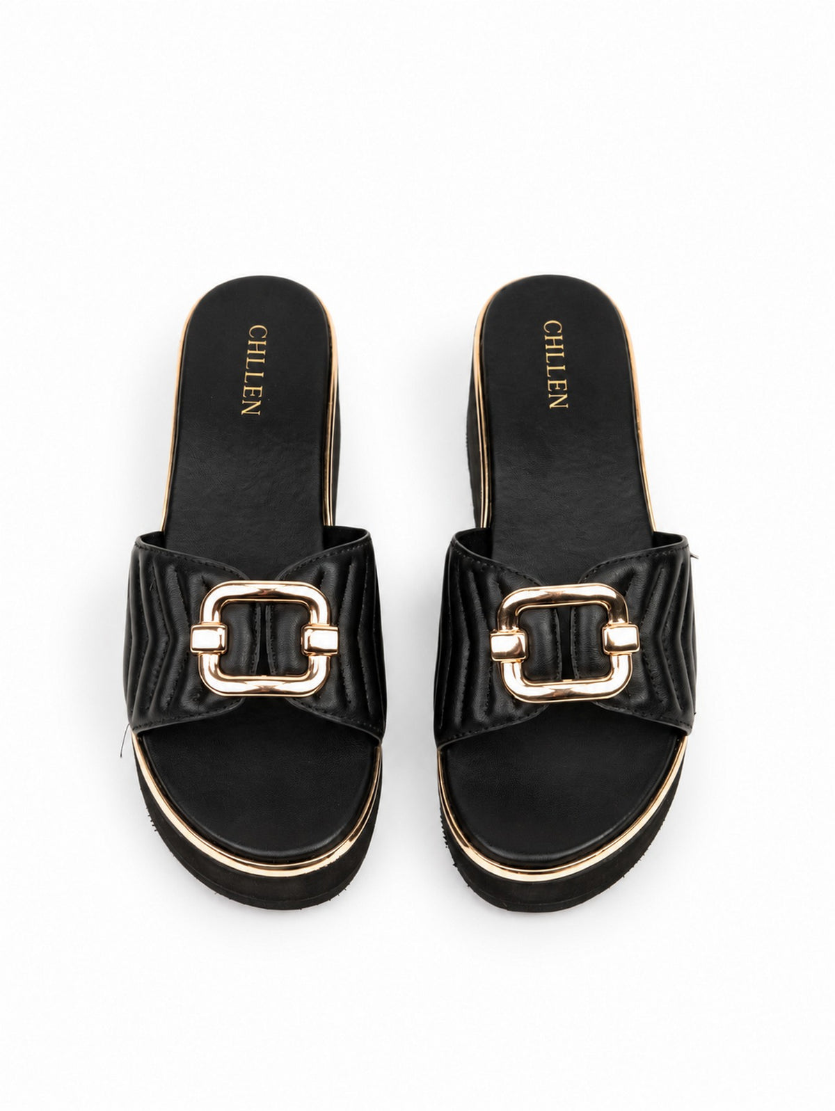CHLLEN Black Quilted Strap Wedge Heels with Gold Buckle