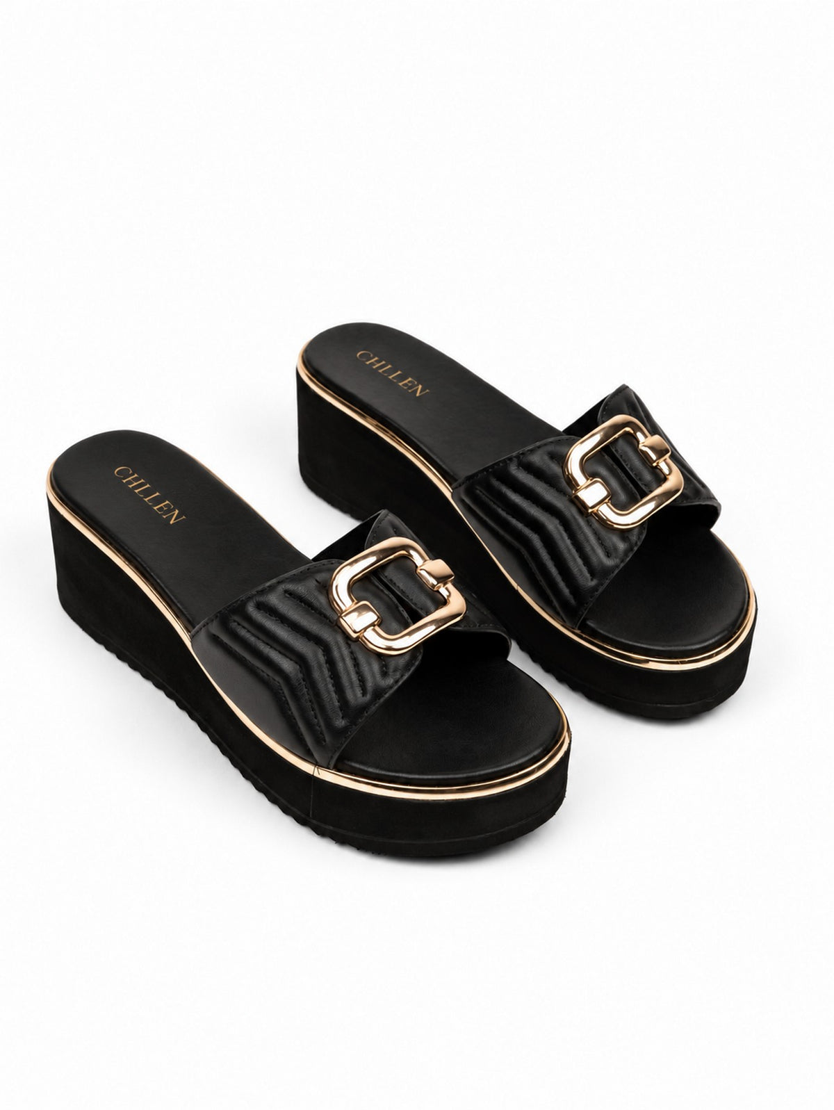 CHLLEN Black Quilted Strap Wedge Heels with Gold Buckle