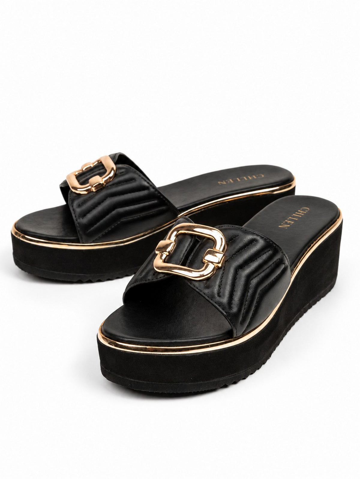 CHLLEN Black Quilted Strap Wedge Heels with Gold Buckle