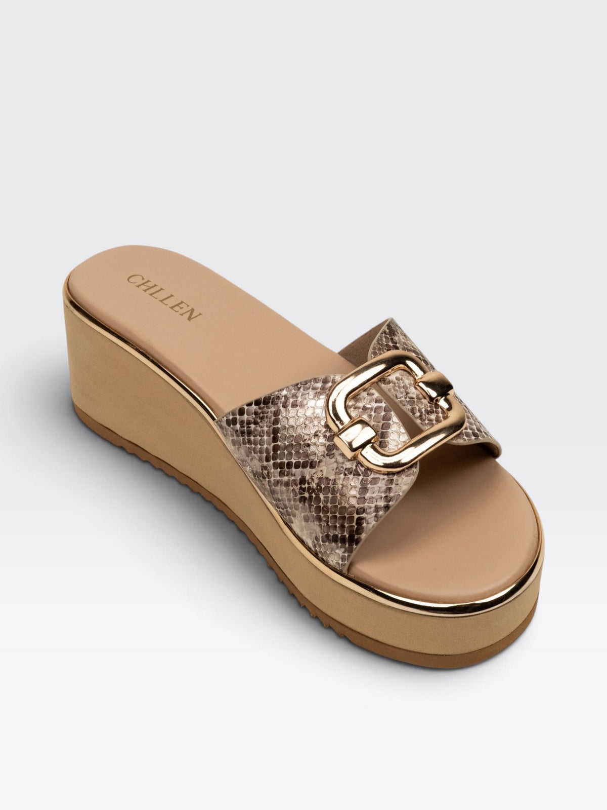 CHLLEN Beige Snakeskin Wedge Heels with Gold Buckle