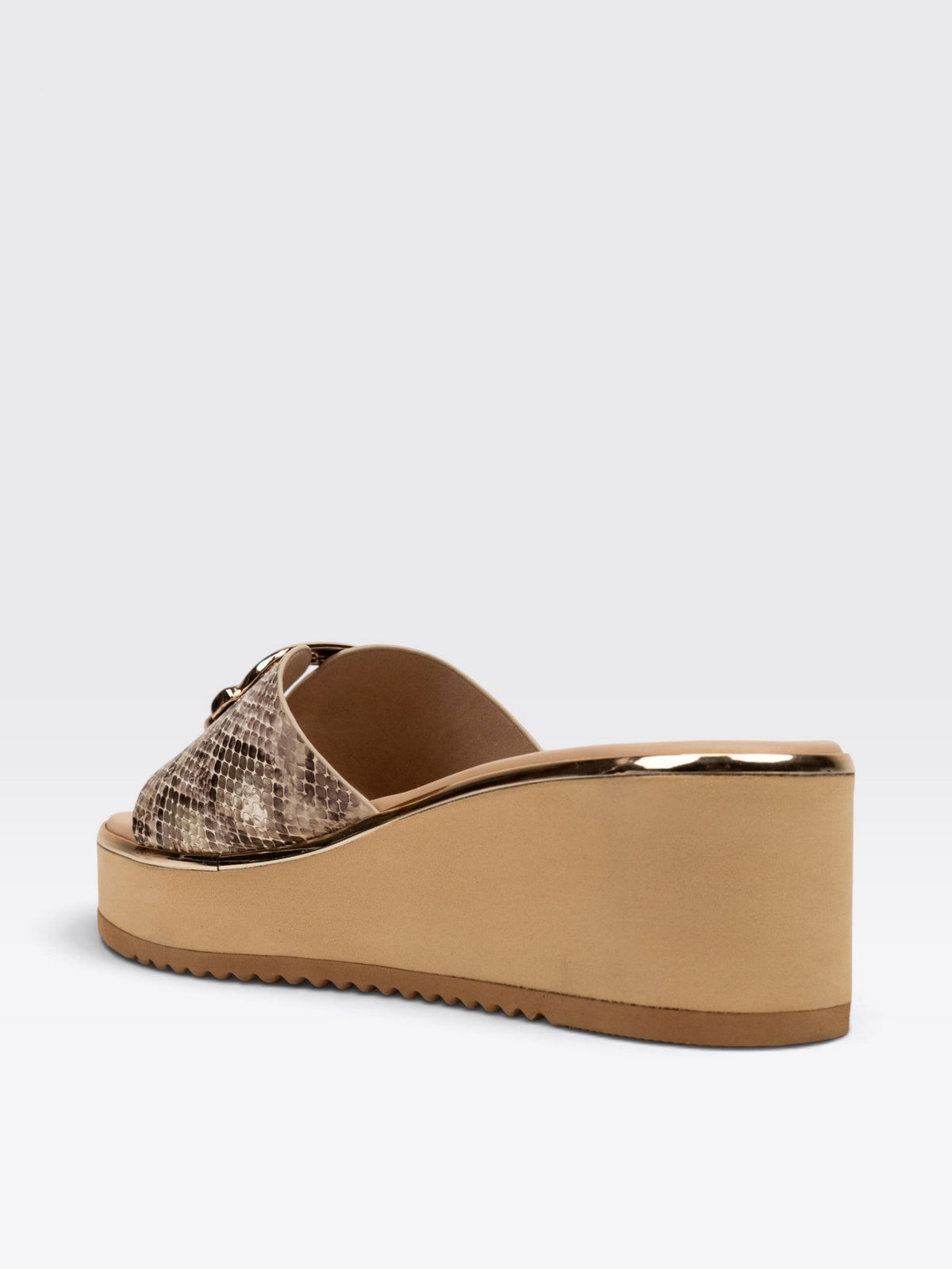 CHLLEN Beige Snakeskin Wedge Heels with Gold Buckle