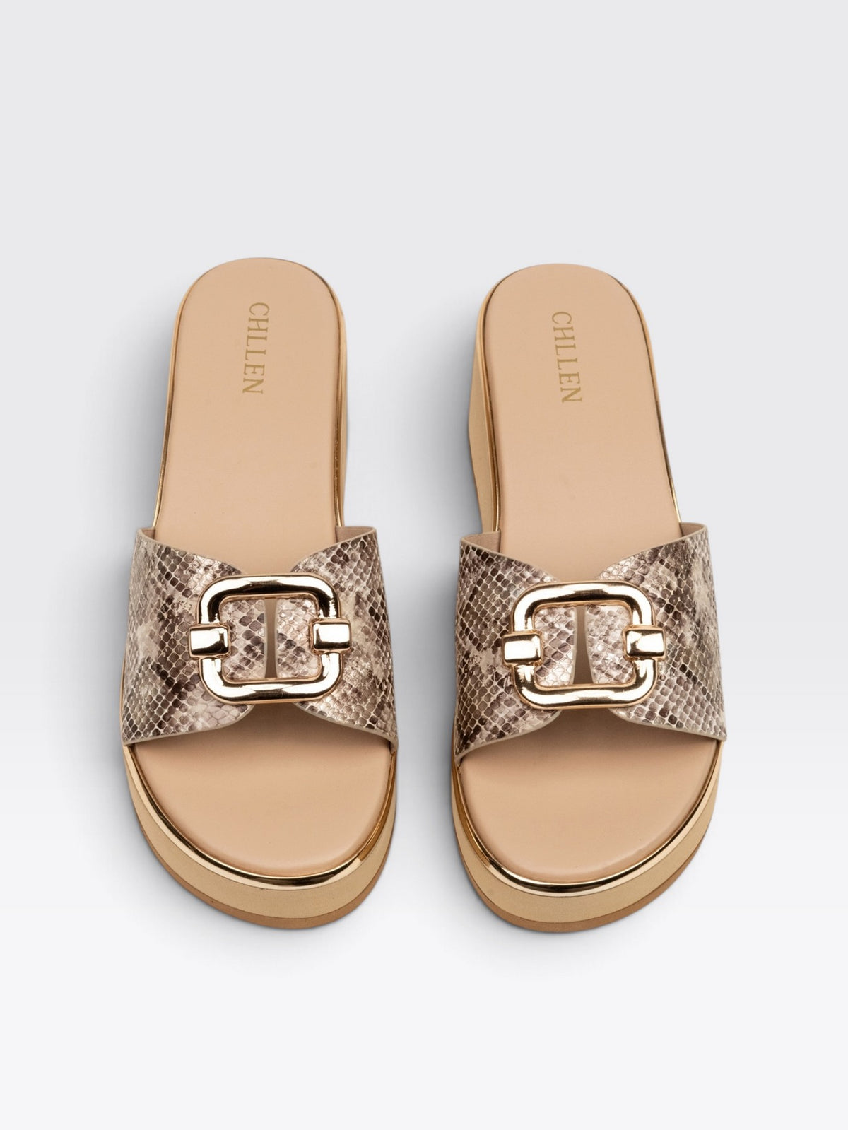 CHLLEN Beige Snakeskin Wedge Heels with Gold Buckle