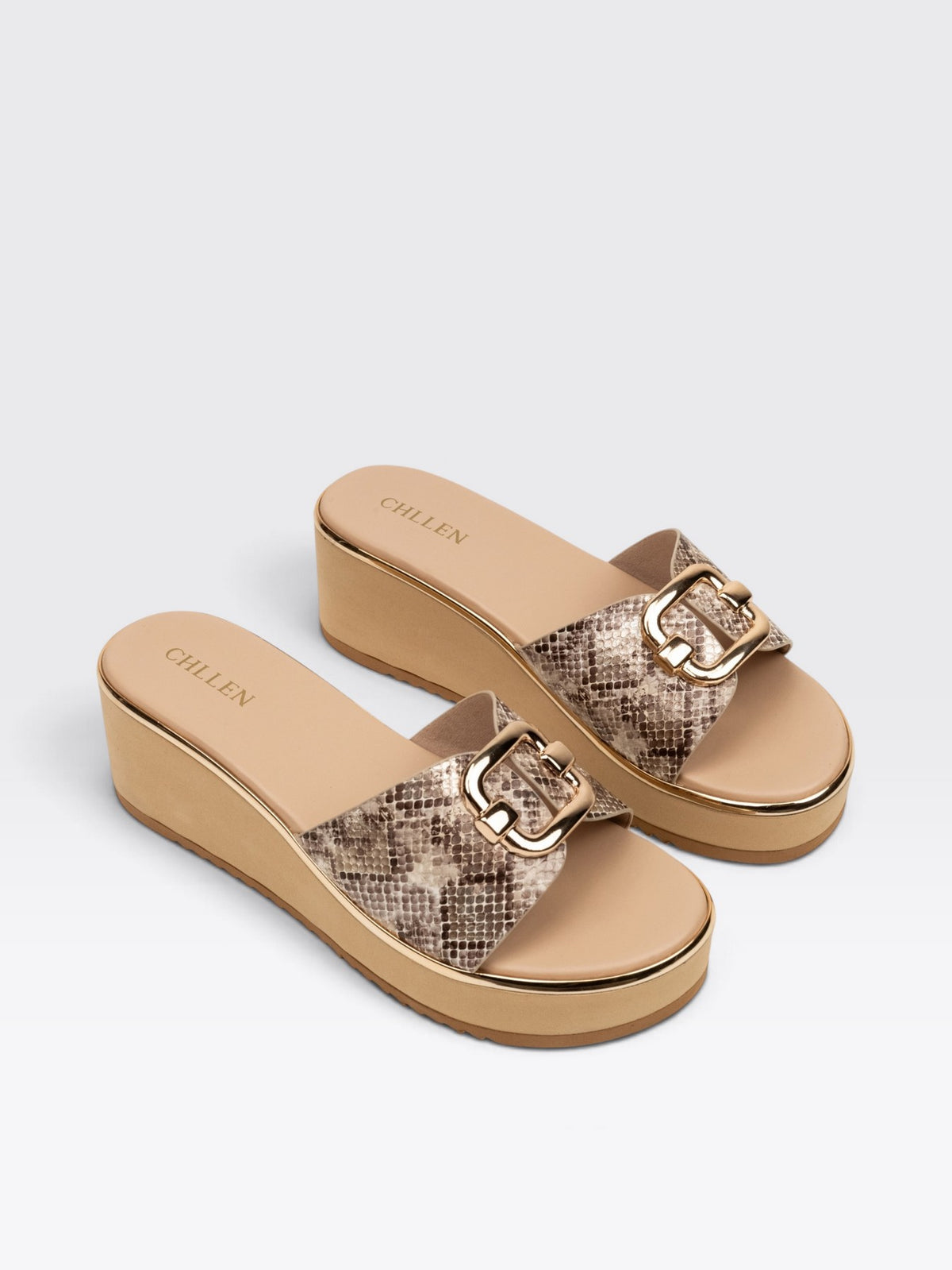 CHLLEN Beige Snakeskin Wedge Heels with Gold Buckle