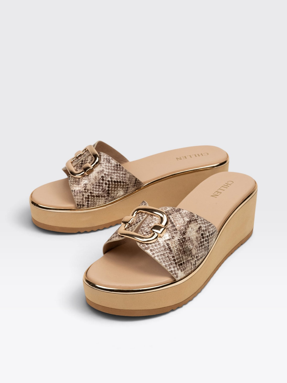 CHLLEN Beige Snakeskin Wedge Heels with Gold Buckle