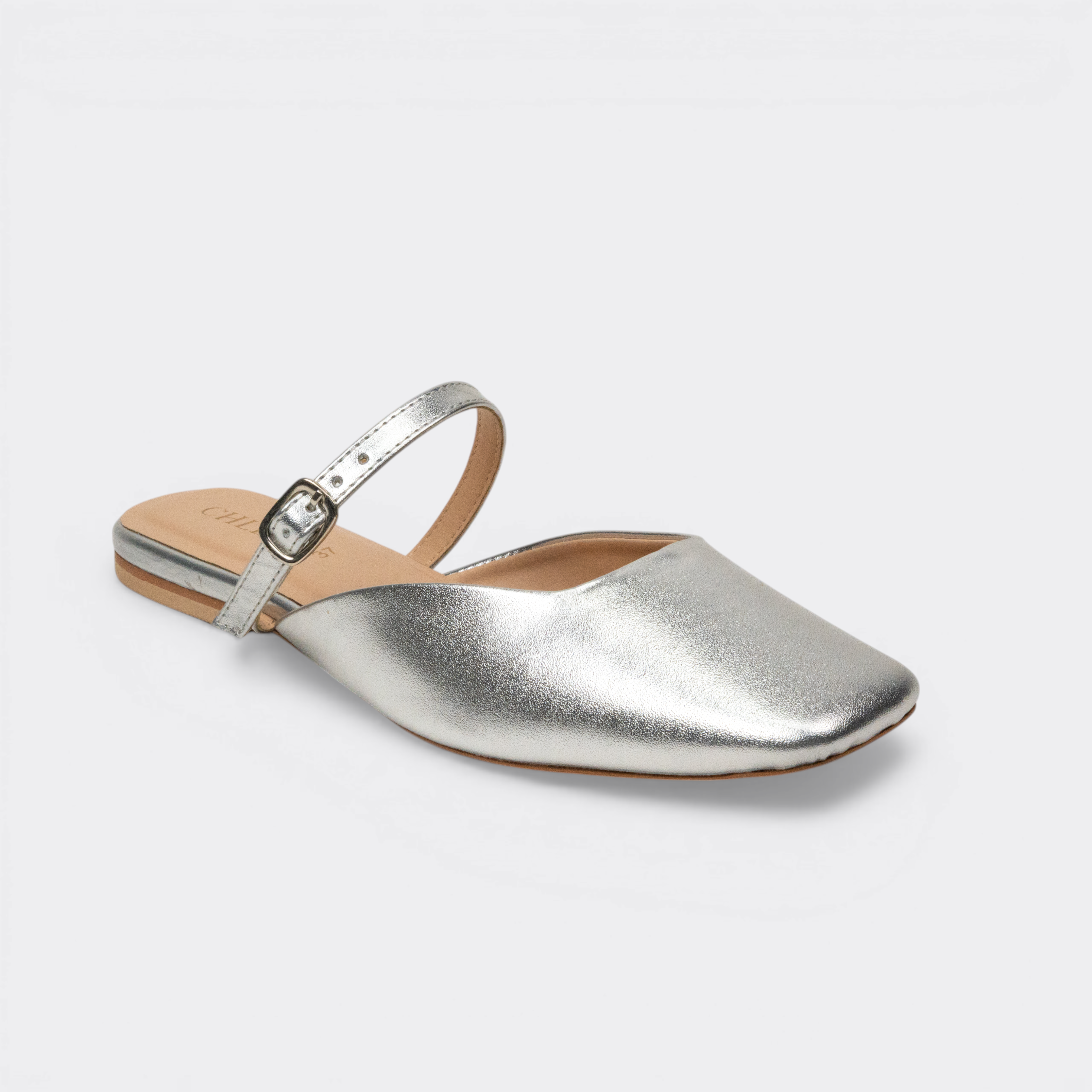 CHLLEN Metallic Silver Mary Jane Mule Flats