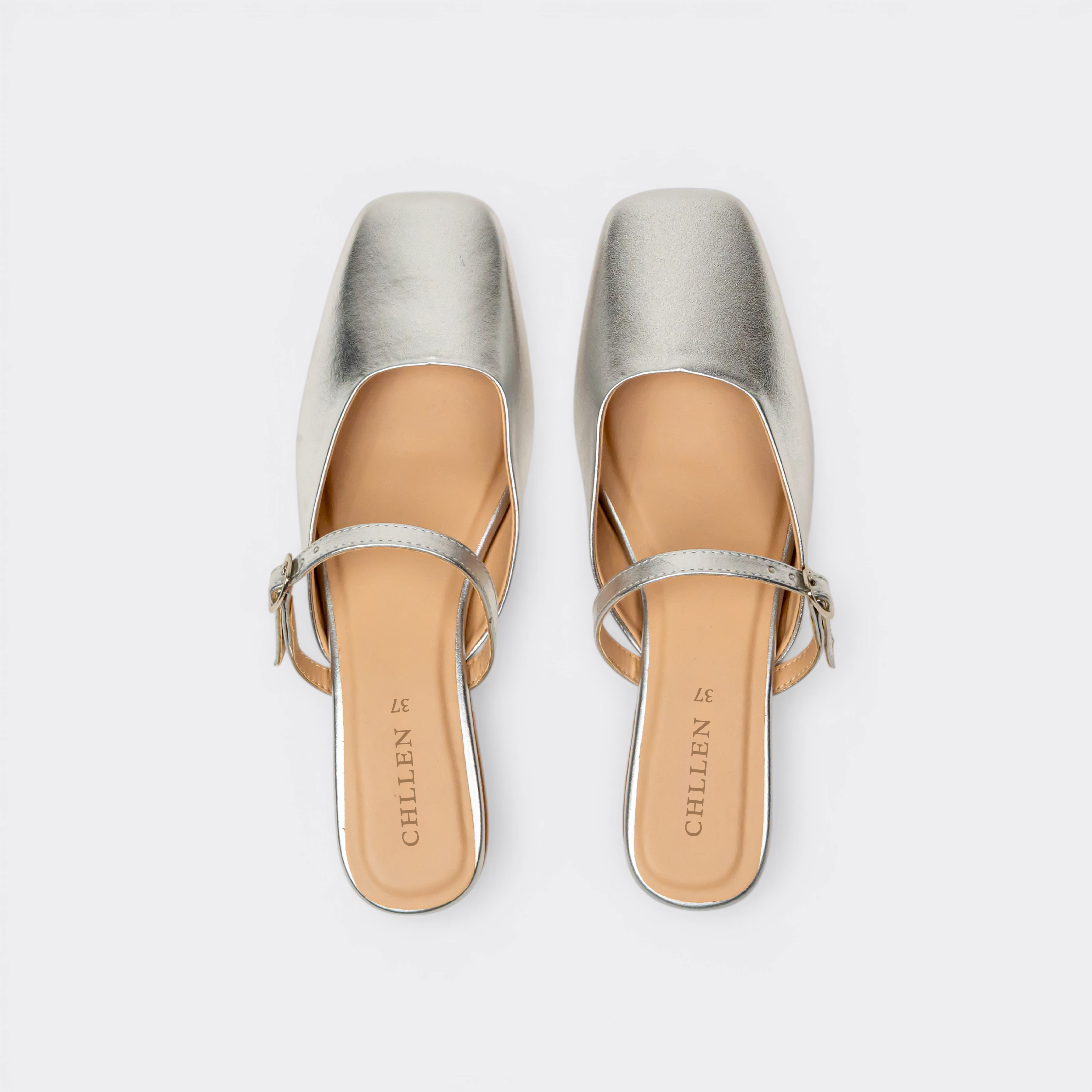 CHLLEN Metallic Silver Mary Jane Mule Flats