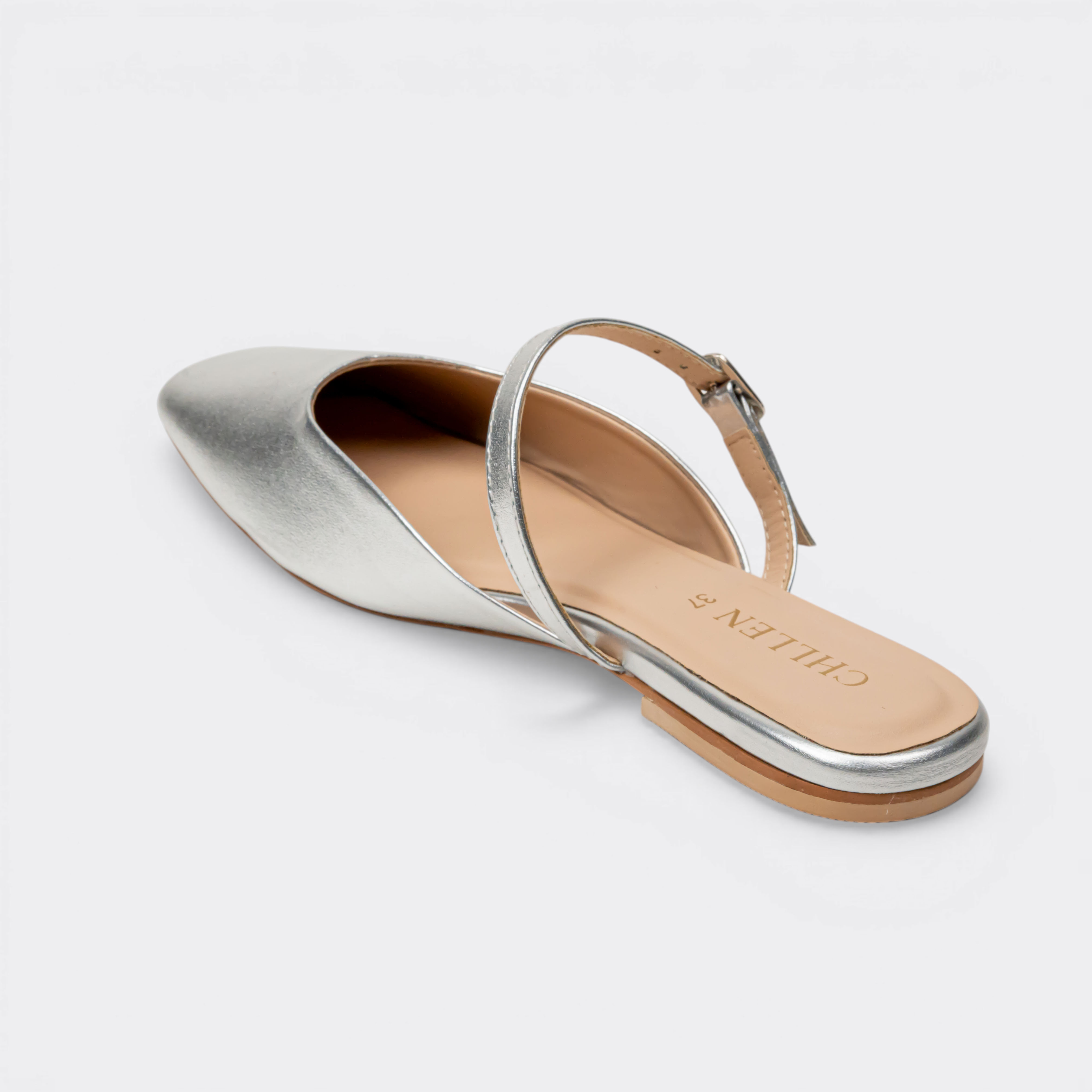 CHLLEN Metallic Silver Mary Jane Mule Flats