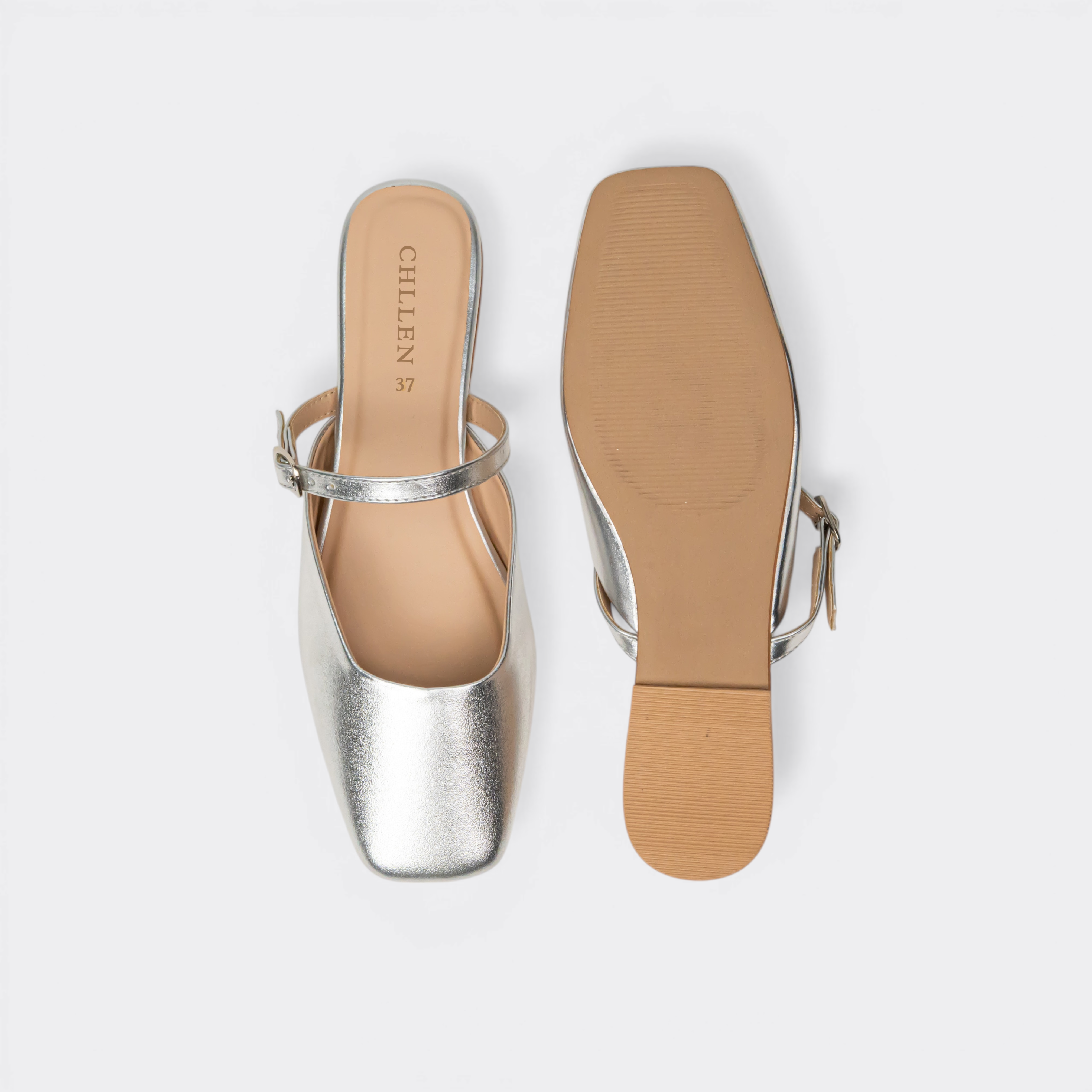 CHLLEN Metallic Silver Mary Jane Mule Flats
